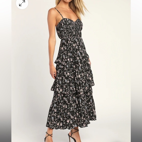 Lulus Cascading Crush Black Floral Print Tiered Bustier Midi Dress BNWT - Picture 6 of 13
